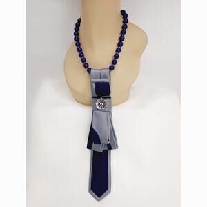 Artisan Silk Skinny Tie Necklace Navy Beaded Vintage Silver Floral Jewel Accent